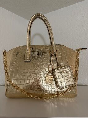 Aldo Metallic Gold Croc-Embossed Satchel with Chain Strap